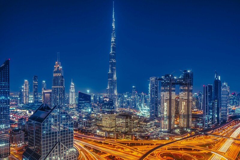 Dubai's futuristic skyline and a set for music festival scene