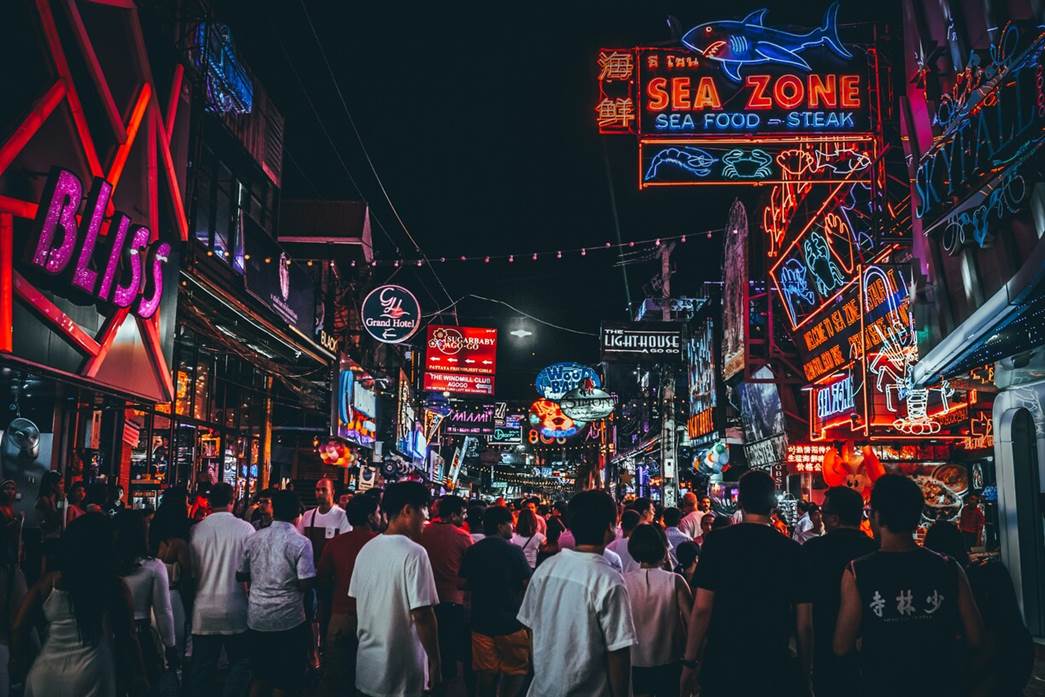 Pattaya street at night with neon lights