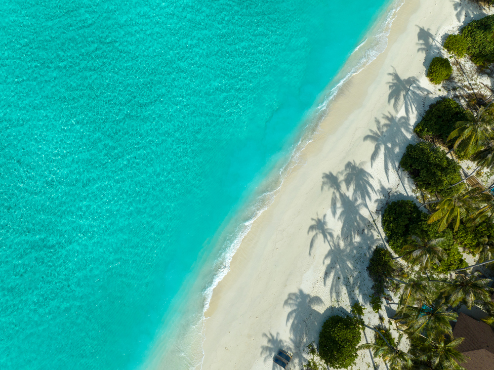 Aerial view of the beach in Fares, part of the Baa Atoll UNESCO biosphere in Maldives
