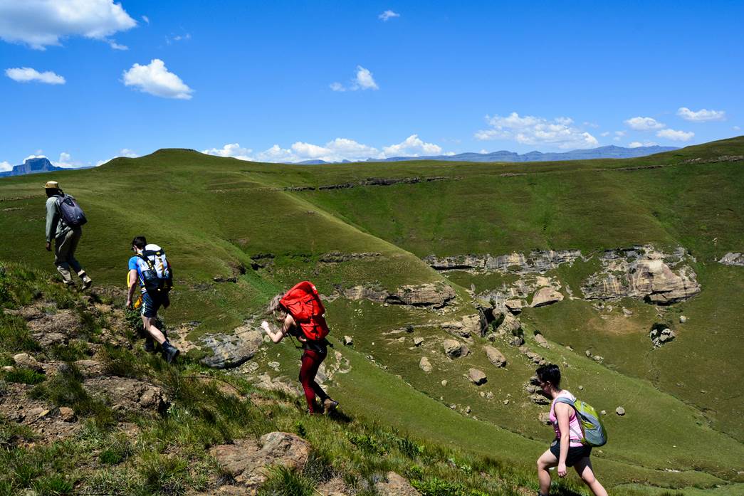 A group of hikers following a path on a hilly path.