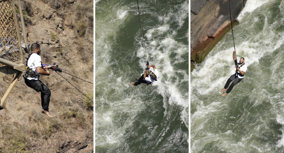Bungee jumping off the Victoria Falls Bridge towards the Zambezi River