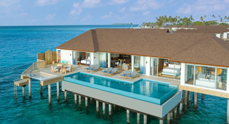Aerial view of Three Bedroom Sunset Over Water Pool Residence at Avani+ Fares Maldives Resort
